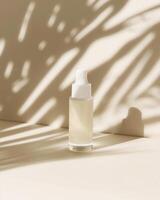 A serum glass bottle with white dropper on light beige table with soft plant shadow background packaging mockup Generated Image photo