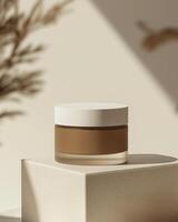 A brown cosmetic glass jar with white lid on a soft shadow beige background packaging mockup photo