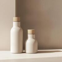 Set of two white plastic bottles with wooden lid mockup against a neutral beige concrete soft light wall Generated Image photo