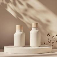 Two white bottles on a white shelf with a wooden lid photo