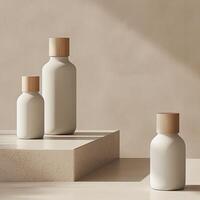 A set of three white matte cosmetic bottles with wooden lid mockup on concrete platform against a neutral beige background with soft shadow Generated Image photo