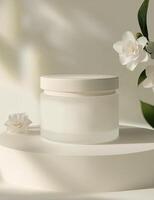 A white cream glass jar with white lid on flowers amp plants background packaging mockup photo