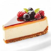 A piece of cheesecake with berries and a cherry on top photo