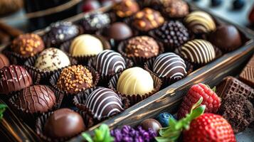 Assorted chocolates in a wooden box photo