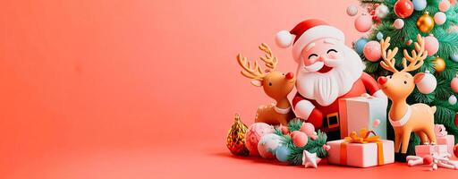 3d render of santa claus and reindeer on a red background photo