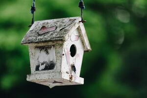 A rustic, wooden birdhouse hangs delicately by a string photo
