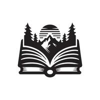 An open book with mountains and trees in the background vector