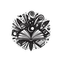 An open book with various objects inside it vector
