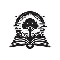 An open book with a tree in the middle and mountains in the background vector