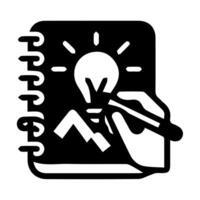A hand holding a pen and a notebook with a light bulb vector