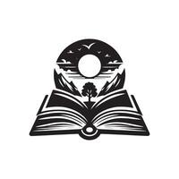 An open book with a tree and mountains in the background vector