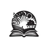 An open book with a tree and a sun in the background vector