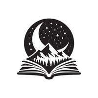 An open book with mountains and a moon in the background vector