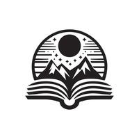 An open book with mountains and a moon in the background vector