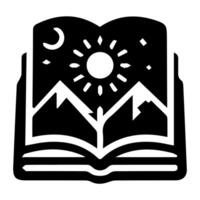 An open book with mountains and sun in the background vector