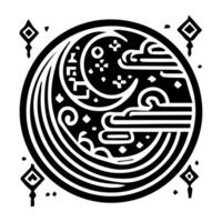 A black and white drawing of a circle with a moon and stars vector