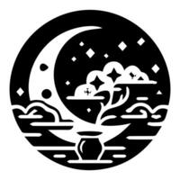 A black and white image of a moon and tree vector