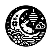 A black and white image of a rabbit in the moon vector