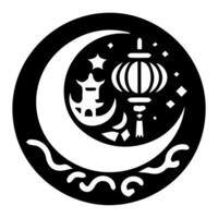 A black and white logo with a moon and lantern vector