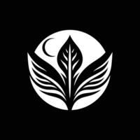 A black and white logo with a leaf and moon vector