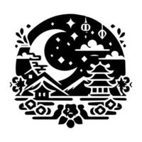 A black and white illustration of a moon and a pagoda vector