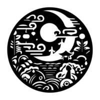 A black and white image of a paper cut of a moon and trees vector