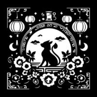 A black and white illustration of a cat in a chinese style vector