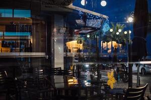 the night streets of Larnaca, Cyprus are decorated for the New Year and Christmas photo