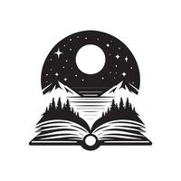 An open book with mountains and trees in the background vector