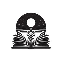 An open book with a tree and moon in the background vector