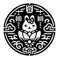 A black and white logo with a rabbit sitting on a lotus vector