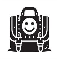 A black and white illustration of a suitcase with a smiley face vector