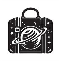A black and white illustration of a suitcase with saturn and planets vector