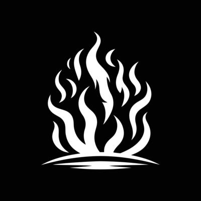 A black and white logo of a fire