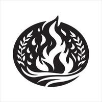 A black and white logo of a fire with leaves vector