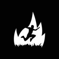 A silhouette of a man running in front of a fire vector