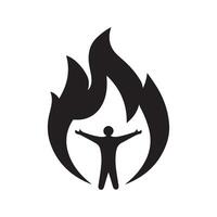 A man is standing in front of a fire and holding his arms out vector