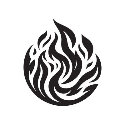 A black and white fire flame logo