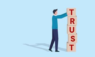 Build trust concept. A man stacking wooden blocks with word trust. vector