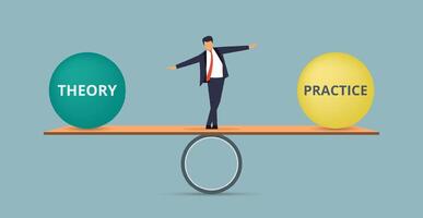 Theory and practice in balance. Businessman's balancing balls on scale that symbolize harmony and equity between Theory and practice that is good and beneficial vector