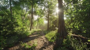 Deep forest green trees with small dirt road and sun light photo