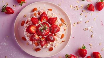 Almond flour strawberry cake gluten free handmade for party copy space flat lay view photo