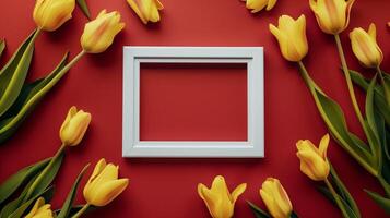 White blank frame in center, yellow tulip flower green leaves rounded red background photo