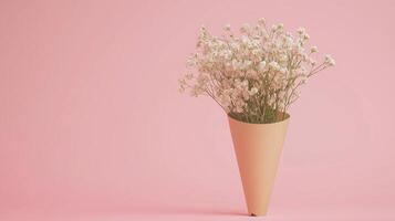 Babys breath flower bouquet on brown paper wrapped copy space background photo