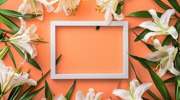 White frame square and white lily flower rounded decoration peach background photo