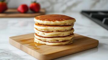 Gluten free ingredient pancakes stack on wooden board for simple breakfast photo