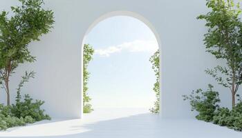 White archway gate and green leaves plant decoration on side with sky view photo