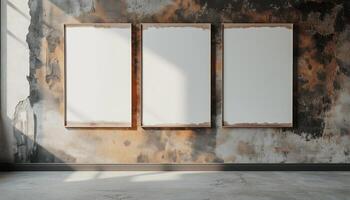 Three frame blank mockup on wall with sunlight from window photo