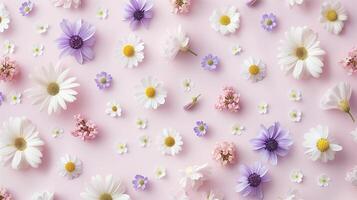 Chamomile and other purple flower botanical spring flower pattern background photo