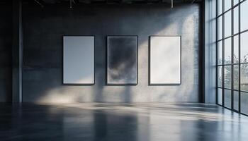 Three frame blank mockup on wall with sunlight from window photo